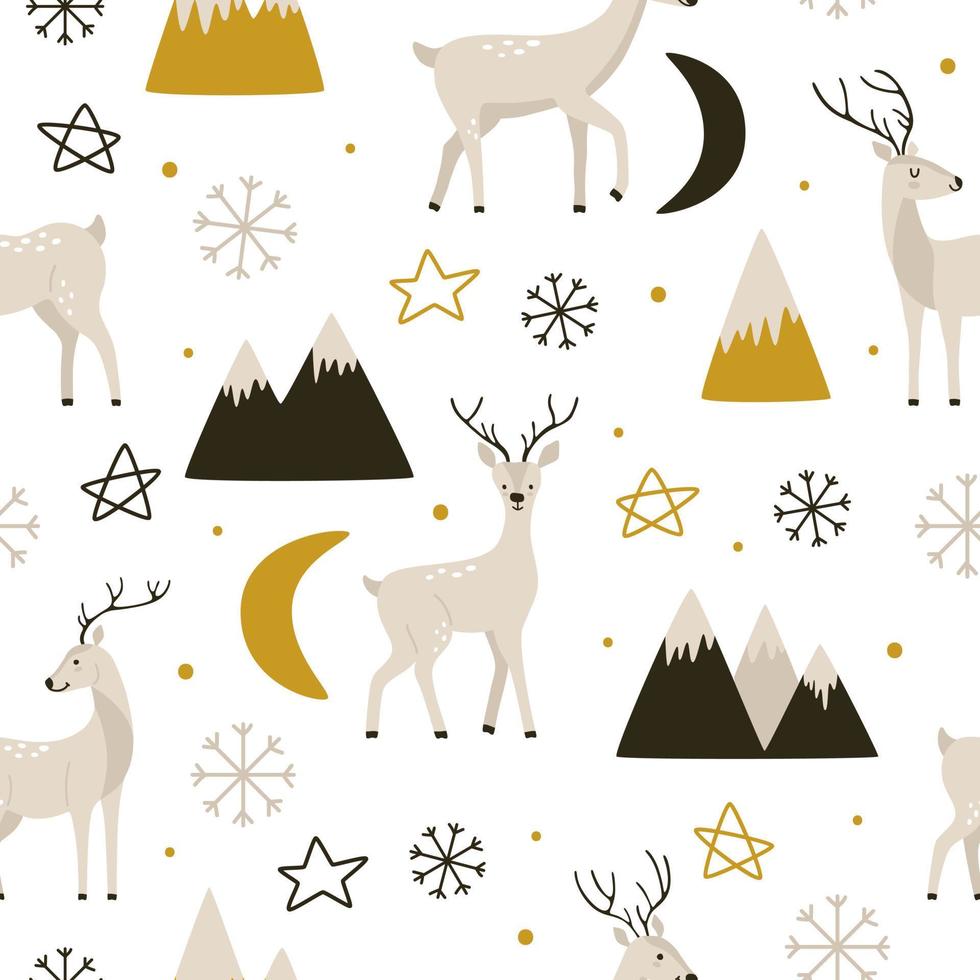 Cute characters deer with mountains and abstract decor in cartoon style. Seamless vector pattern with wild animals and stars for wallpaper or wrapping paper for New Year and Christmas winter holidays