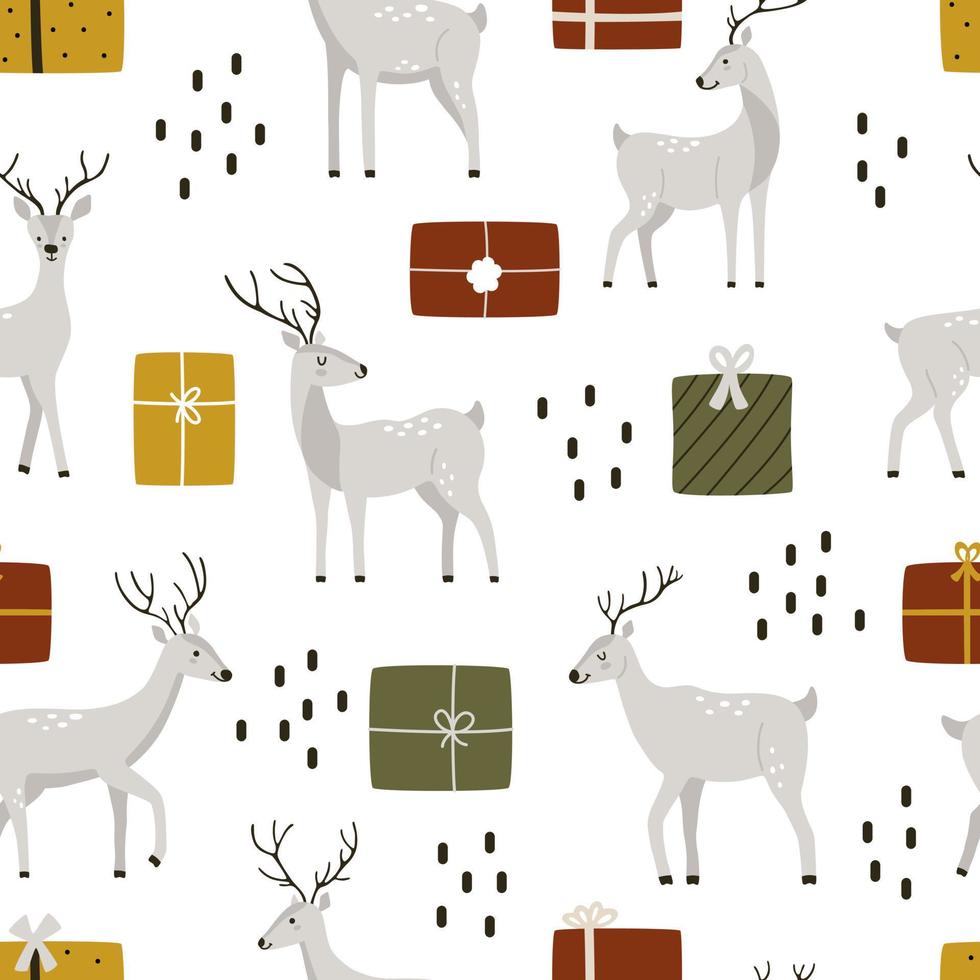 Cute hand-drawn deer with gift boxes in Scandinavian style. Seamless vector pattern with winter wild animal