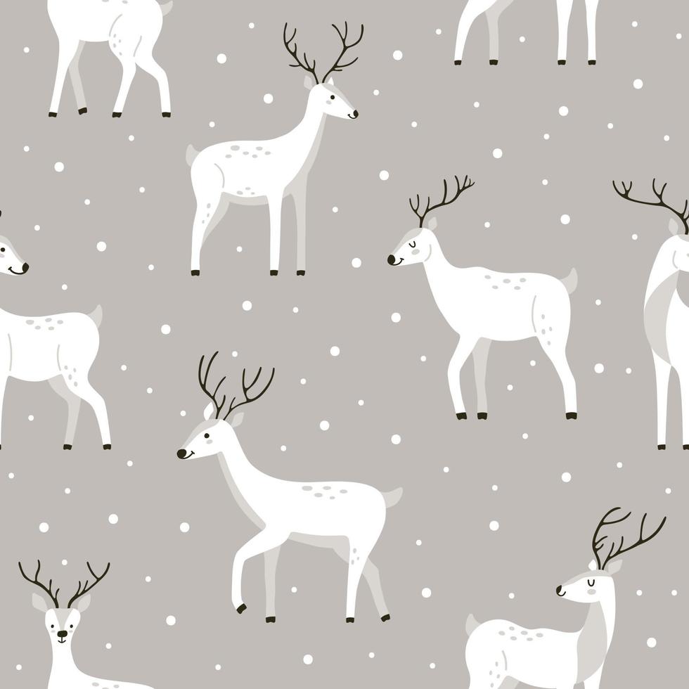 Hand-drawn winter white deer with snow on a gray background in cute style. Seamless vector pattern with wild animals for wallpaper or wrapping paper for New Year and Christmas winter holidays