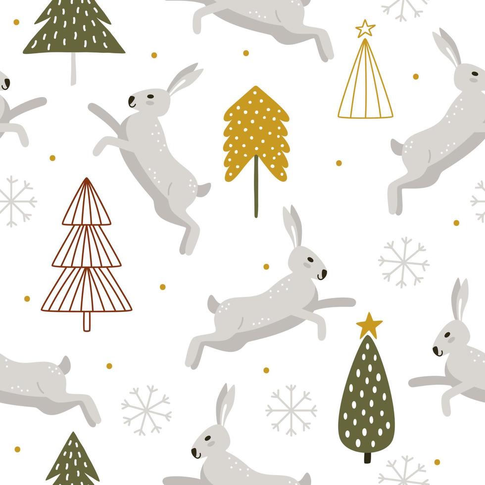 Cute hand-drawn bunnies frolic among the Christmas trees in the snowfall. Seamless vector pattern in Scandinavian style. Christmas and New Year print