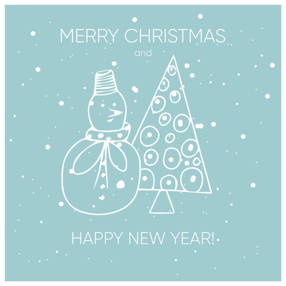 feliz navidad y feliz año nuevo tarjeta con árbol de navidad y muñeco de nieve. diseño de vacaciones de invierno vector