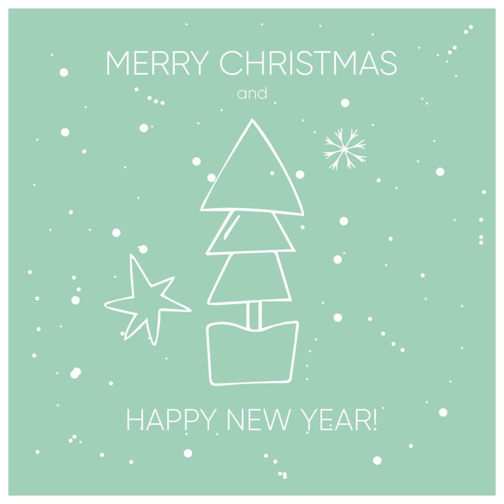 feliz navidad y feliz año nuevo tarjeta con árbol de navidad, estrella y copo de nieve. diseño de vacaciones de invierno vector