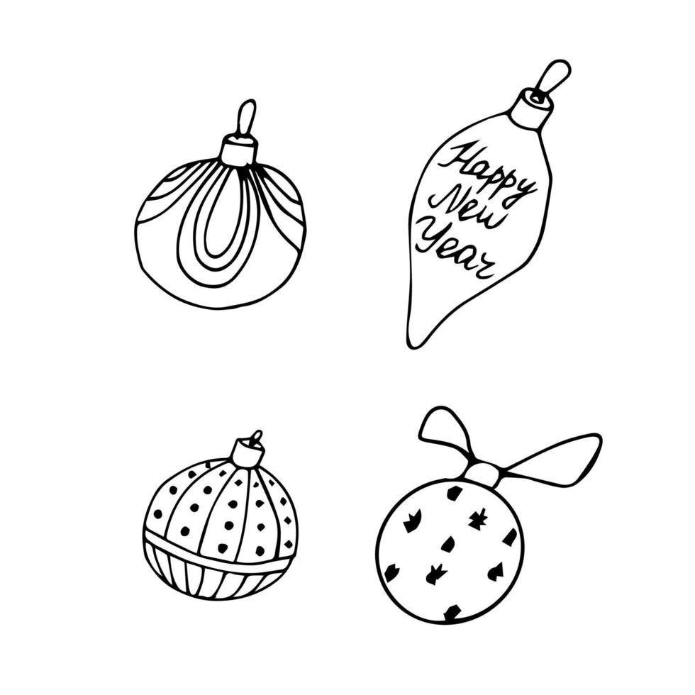 New year doodle toys in black isolated over white background. New Years and Christmas hand drawn doodle vector