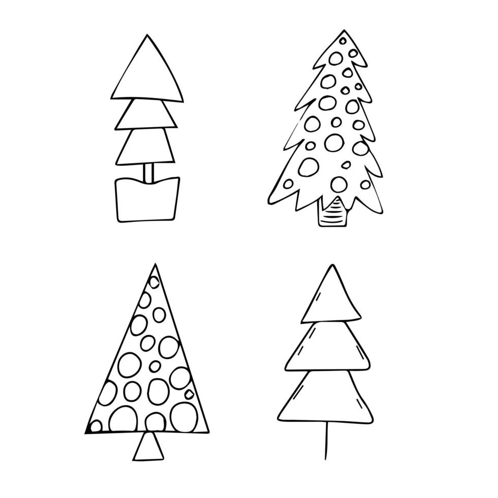 New year doodle trees in black isolated over white background. New Years and Christmas hand drawn doodle vector