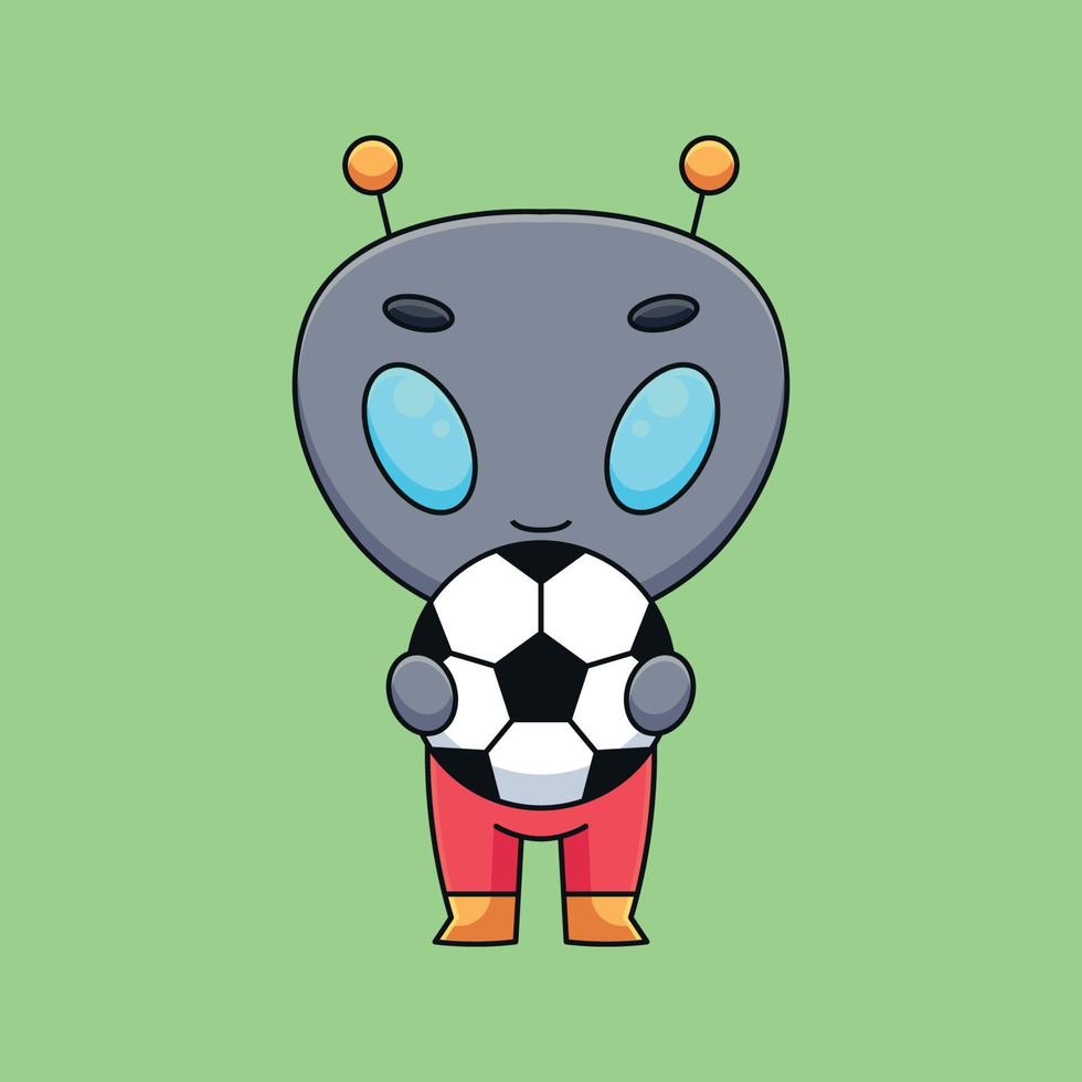 lindo alienígena sosteniendo un balón de fútbol mascota de dibujos animados doodle arte dibujado a mano concepto vector kawaii icono ilustración