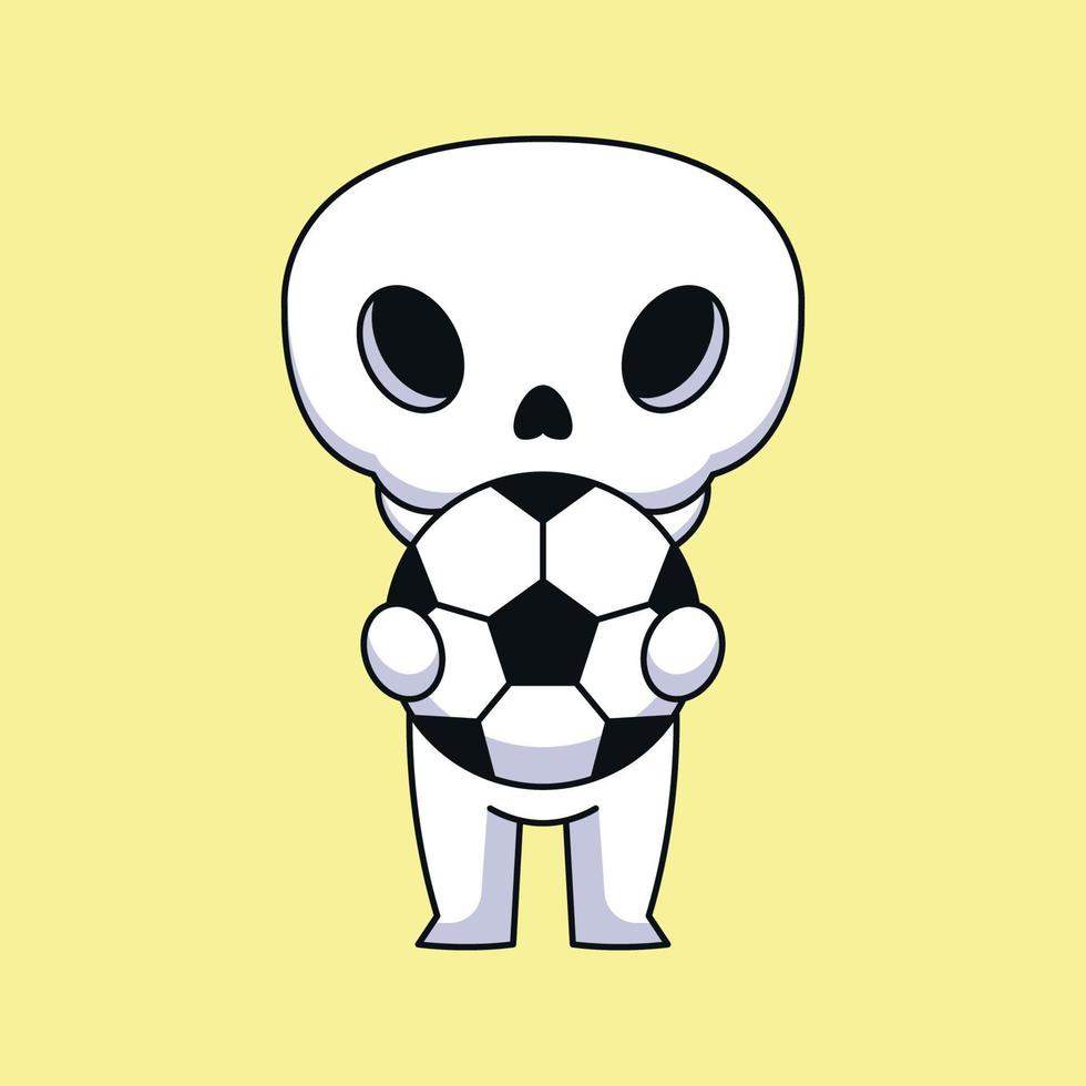 linda calavera sosteniendo un balón de fútbol caricatura mascota garabato arte dibujado a mano concepto vector kawaii icono ilustración