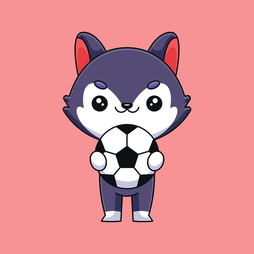 cute wolf holding soccer ball cartoon mascot doodle art hand drawn concept vector kawaii icon illustration