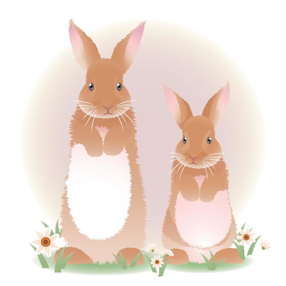 Two cute standing brown rabbits in pastel tones vector