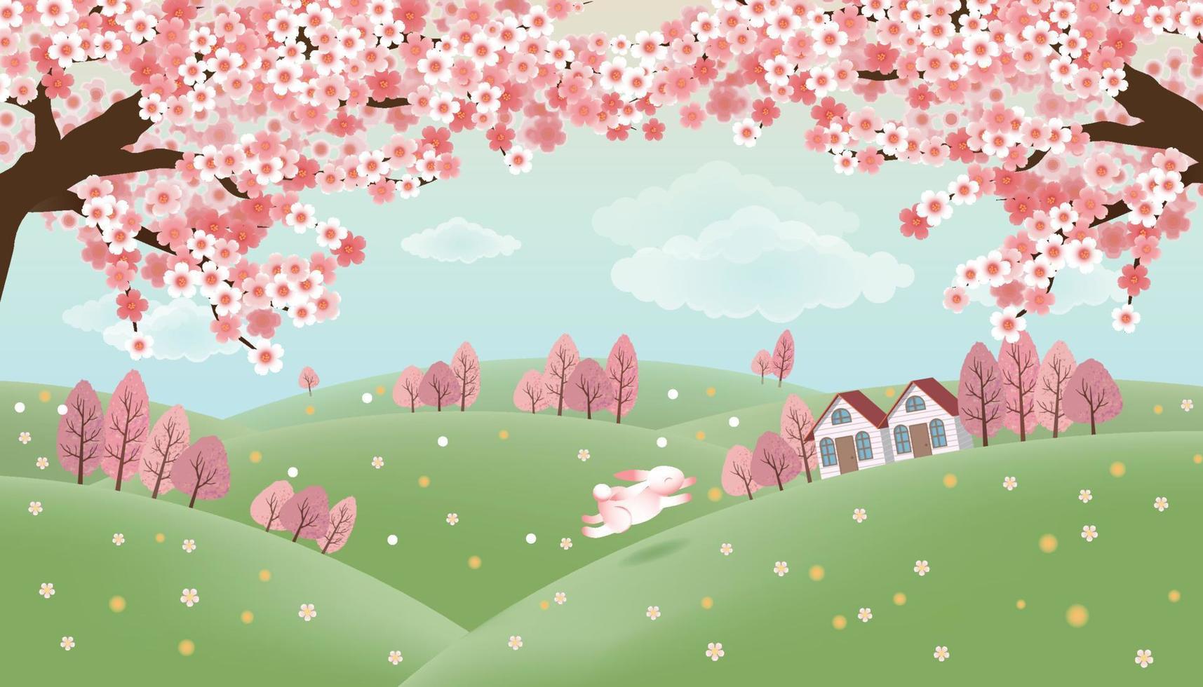 paisaje primaveral con árbol de sakura, choza y conejo vector