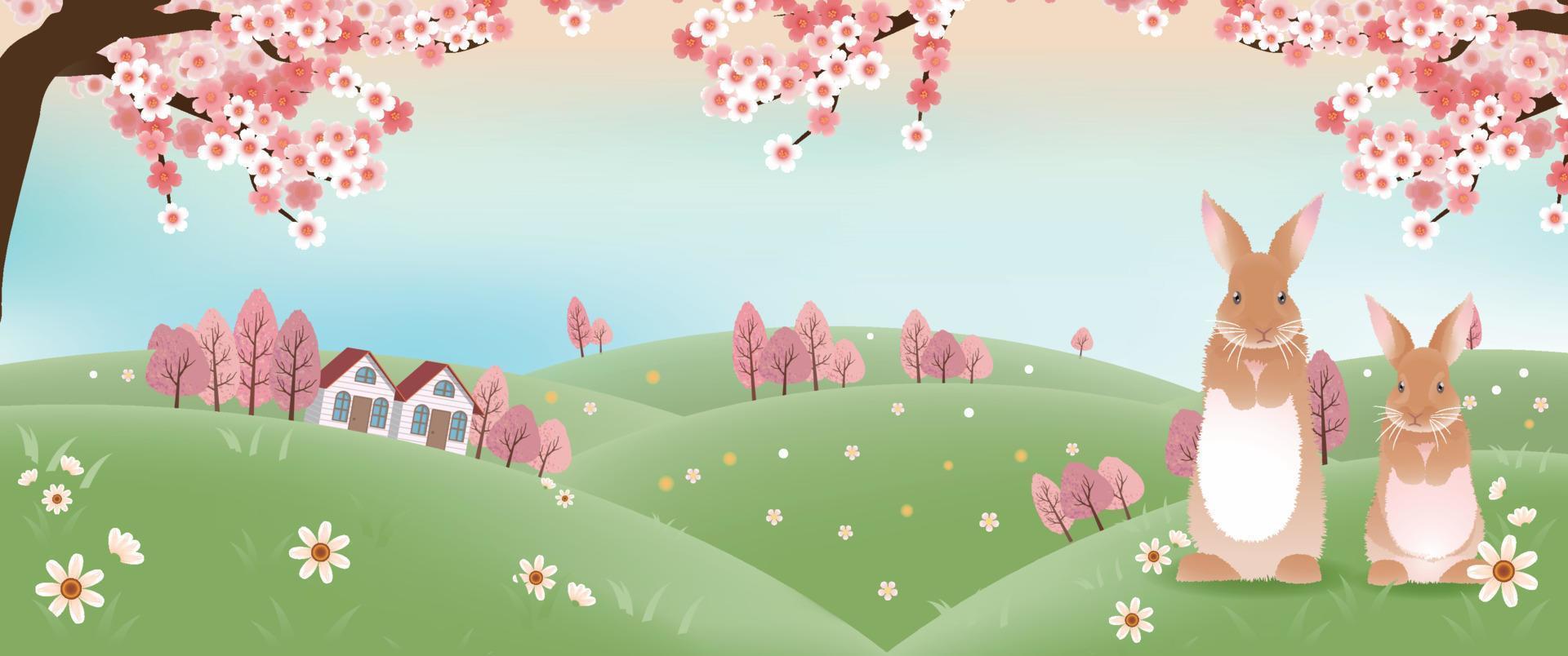 Rabbit Banner Under the Cherry Blossom Tree vector