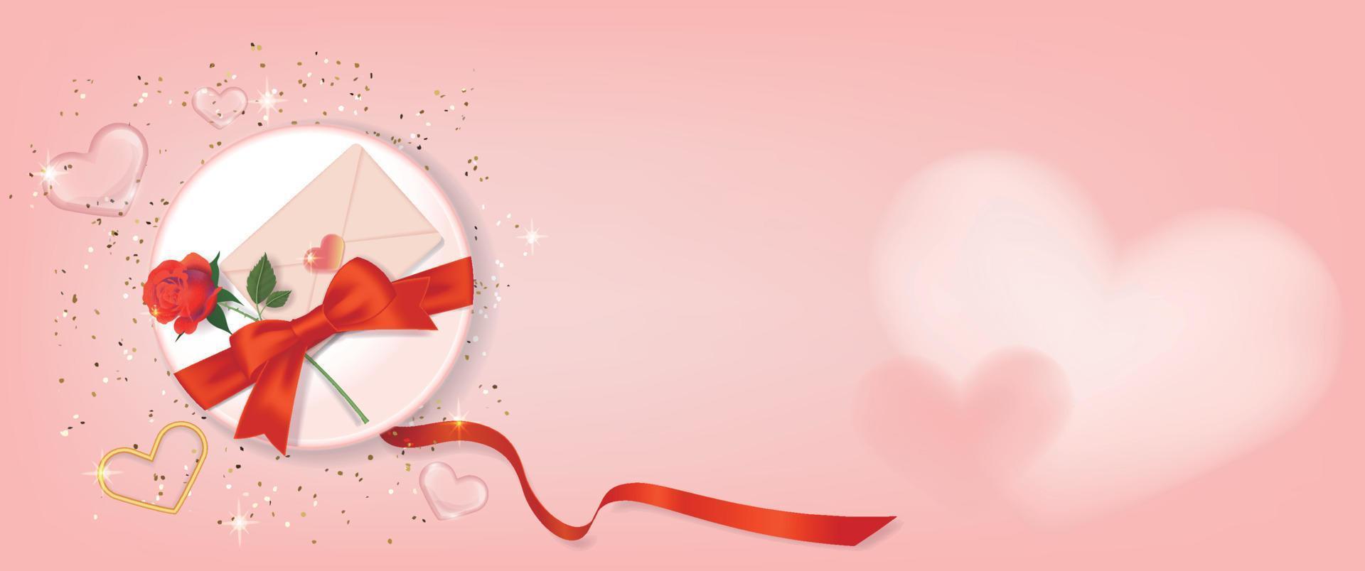 Round gift banner on pink background with gift tied with red ribbon and roses, love letter vector