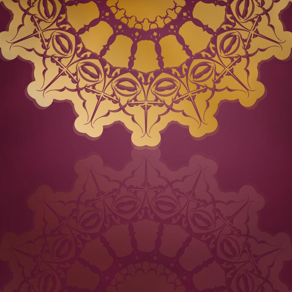 Print-ready postcard in burgundy color with abstract gold ornament. vector