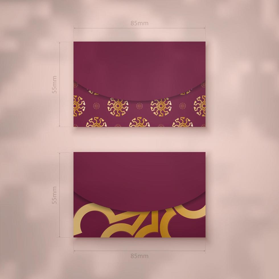 Burgundy business card with mandala gold ornament for your contacts. vector