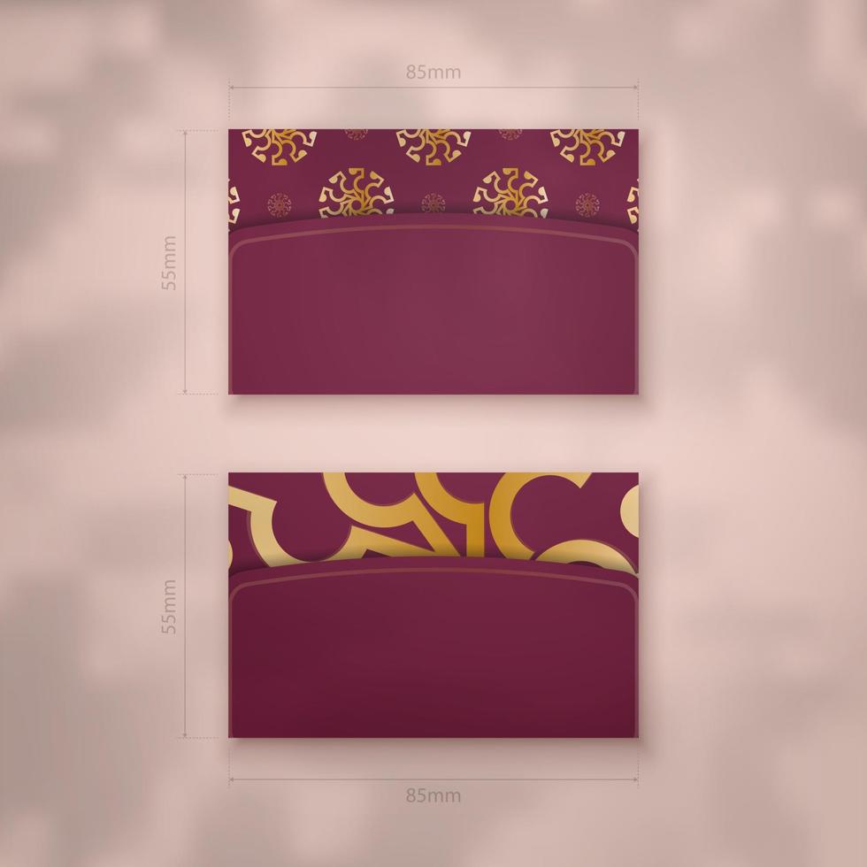 Burgundy business card with mandala gold pattern for your personality. vector