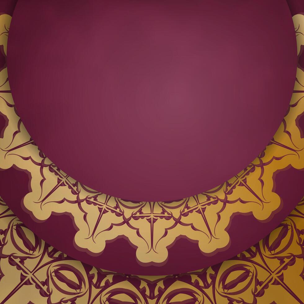 Postcard in burgundy color with Indian gold pattern is ready for printing. vector