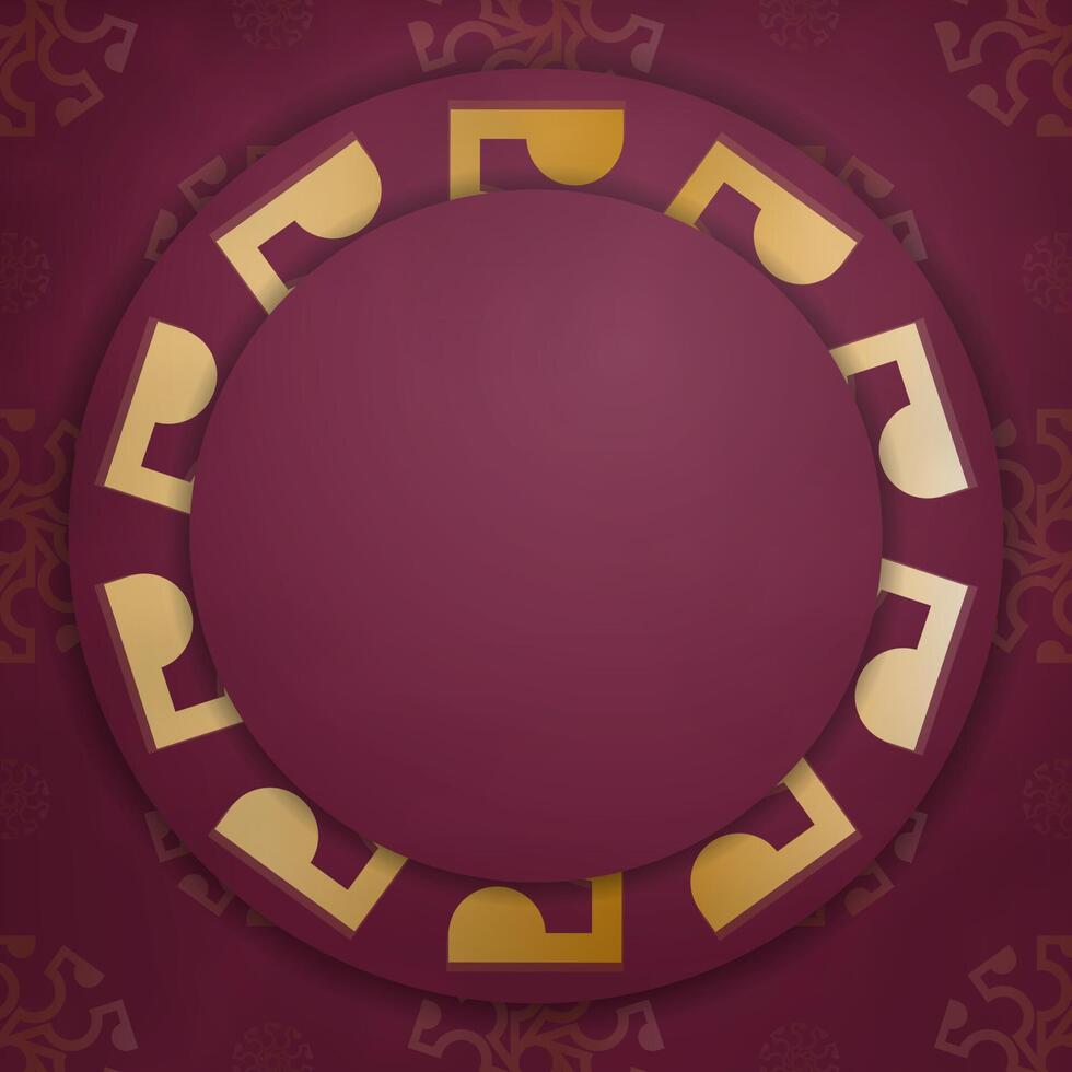 Burgundy card with mandala gold pattern for your design. vector
