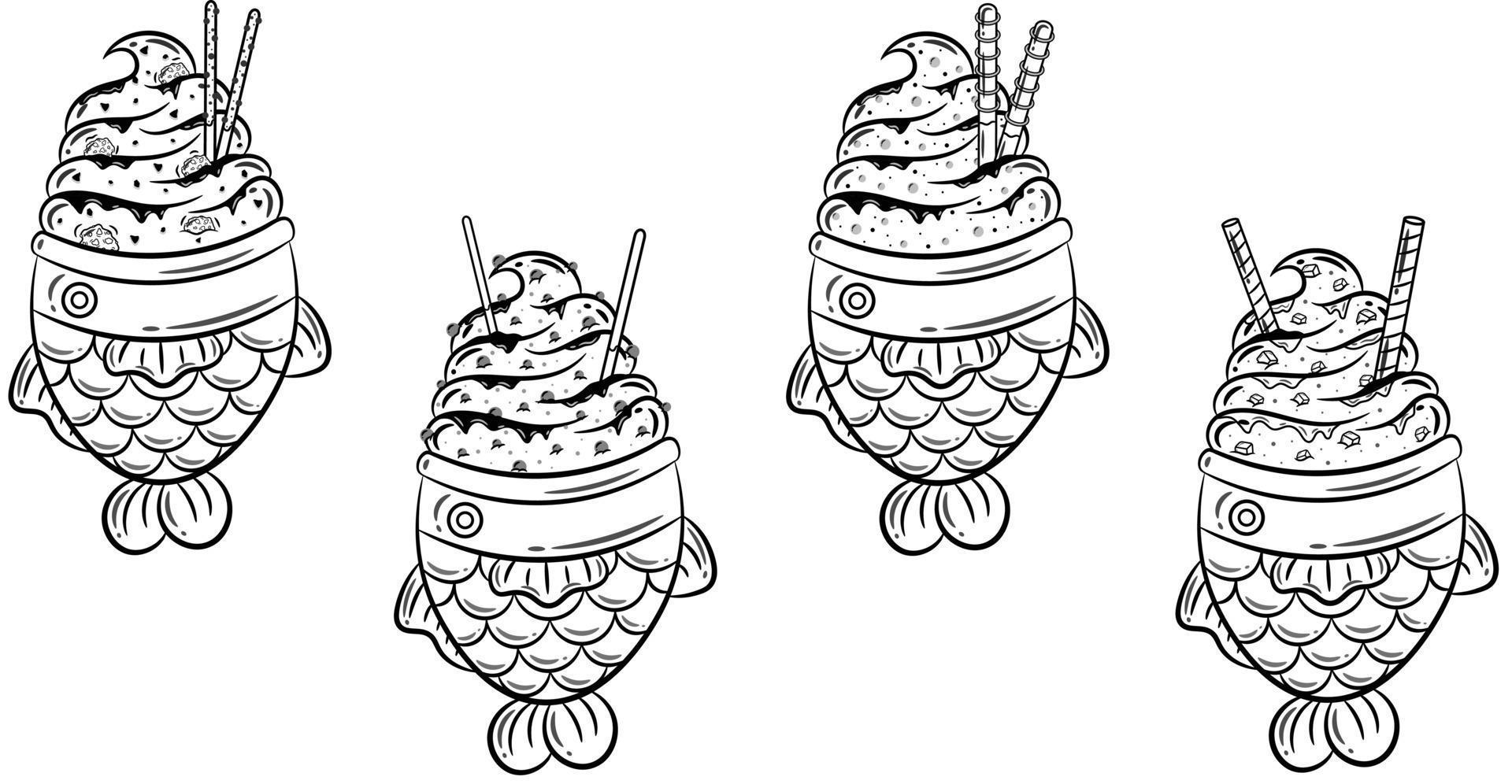 set of Taiyaki with ice cream drawing sketch for coloring 15436619