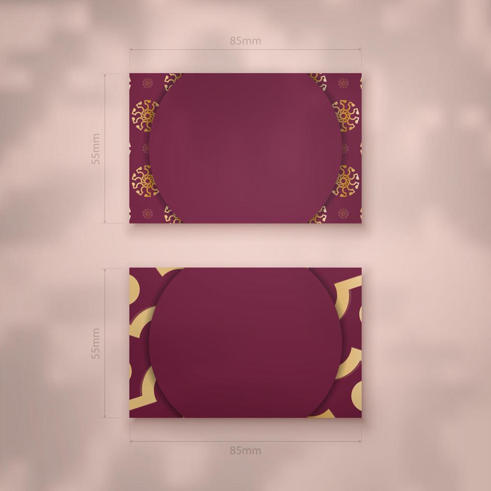 Burgundy business card with abstract gold pattern for your contacts. vector