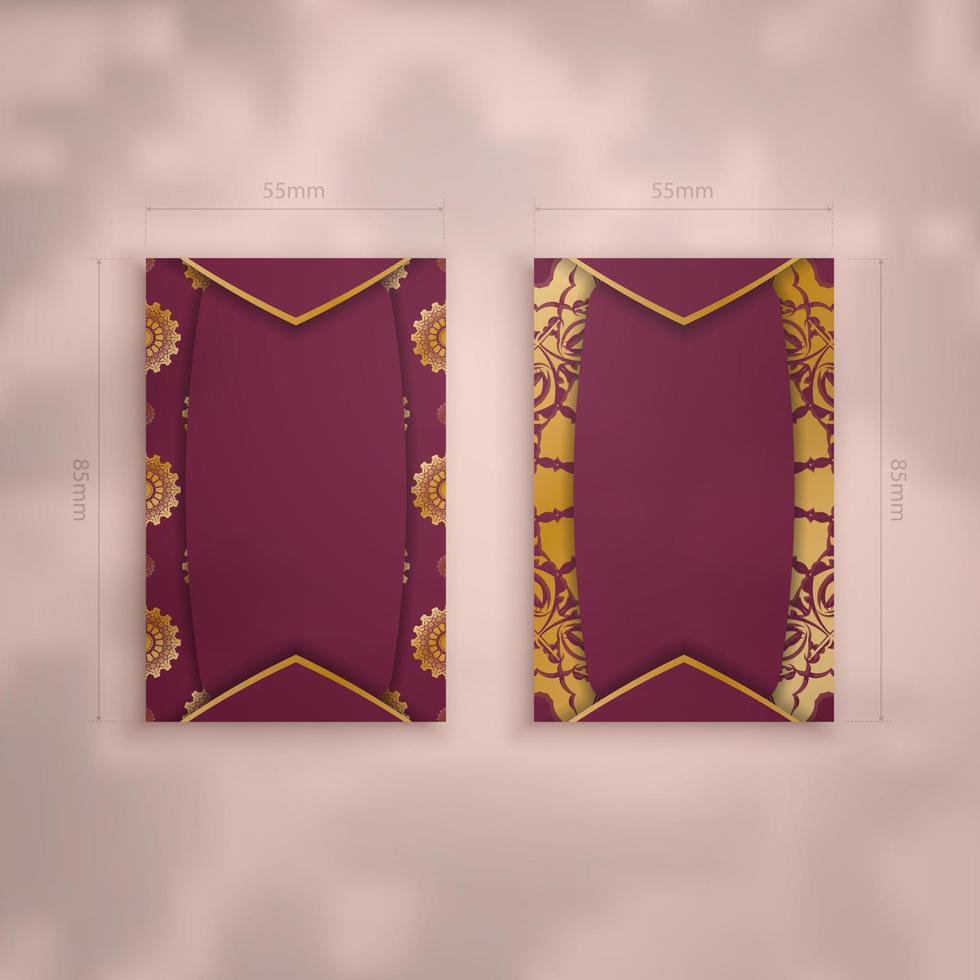 Burgundy business card with Greek gold ornaments for your business. vector
