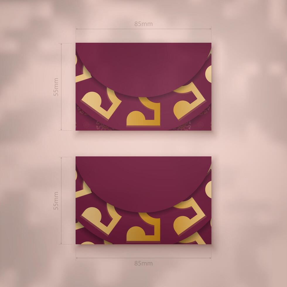 Burgundy business card with antique gold ornament for your contacts. vector