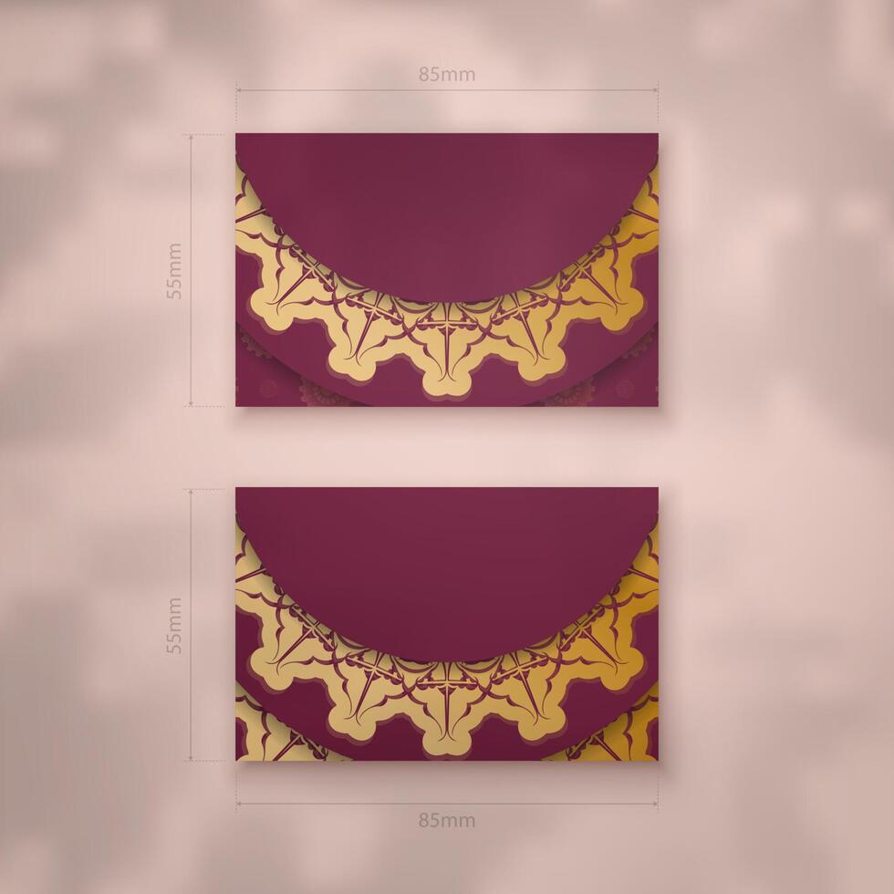 Burgundy business card with luxurious gold pattern for your contacts. vector
