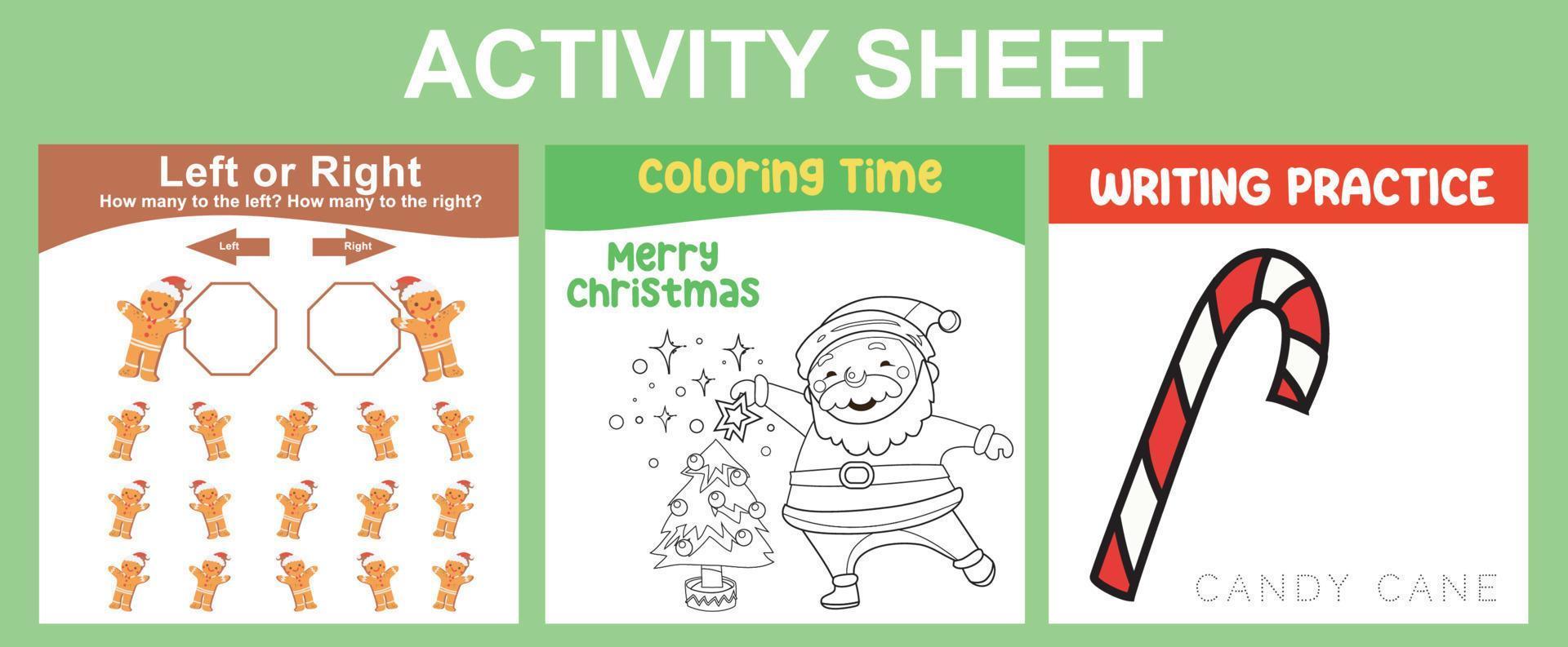 3 in 1 Activity Sheet for children. Educational printable worksheet for preschool. Left or right, coloring activity and writing practice worksheet. Vector illustrations.