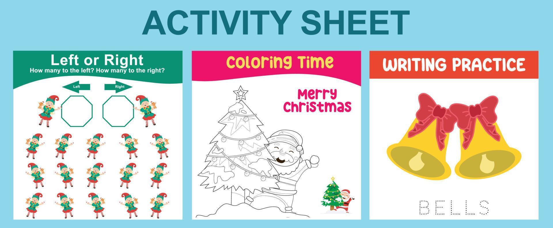 3 in 1 Activity Sheet for children. Educational printable worksheet for preschool. Left or right, coloring activity and writing practice worksheet. Vector illustrations.