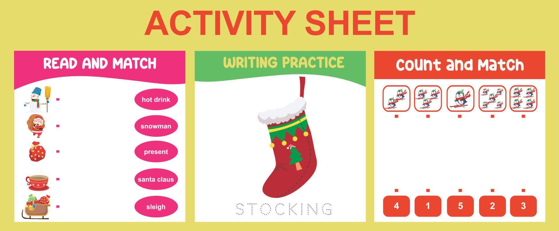 3 in 1 Activity Sheet for children. Educational printable worksheet for preschool. Read and match, count and match, and writing activity. Vector illustrations.