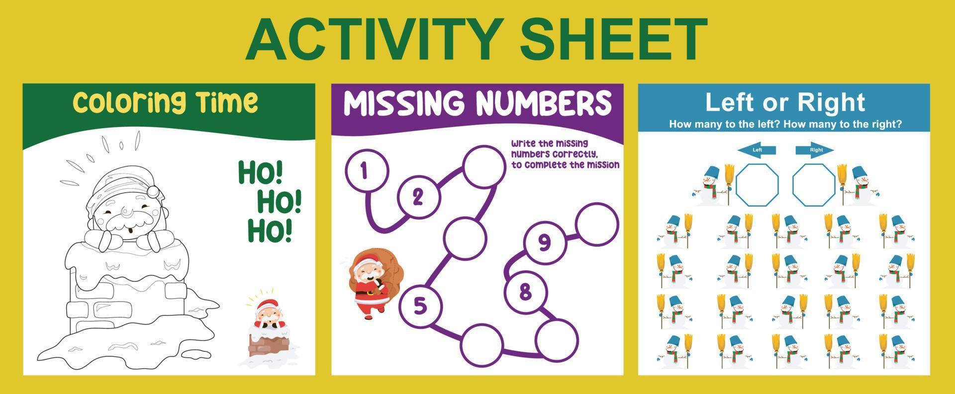 3 in 1 Activity Sheet for children. Educational printable worksheet for preschool. Coloring, missing numbers, and left or right activity. Vector illustrations.