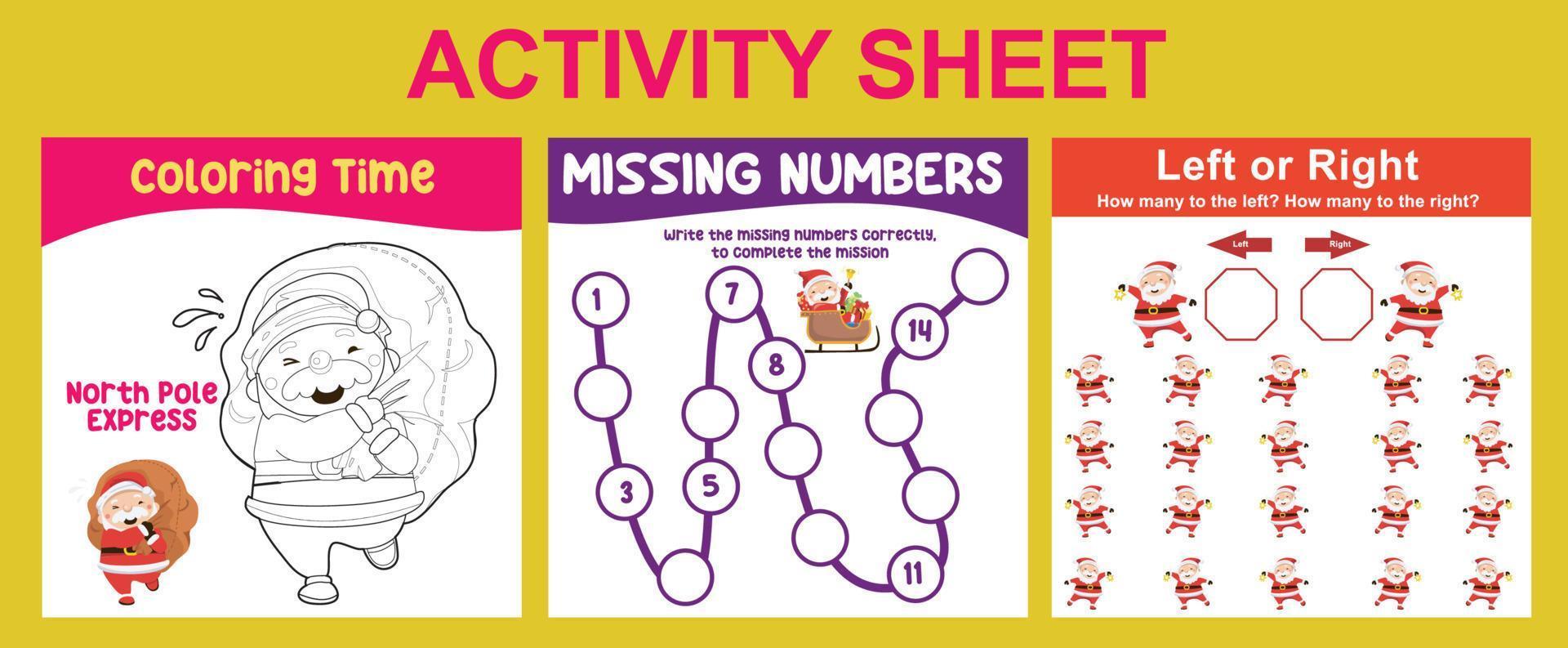 Hoja de actividades 3 en 1 para niños. hoja de trabajo imprimible educativa para preescolar. colorear, números que faltan y actividad izquierda o derecha. ilustraciones vectoriales. vector