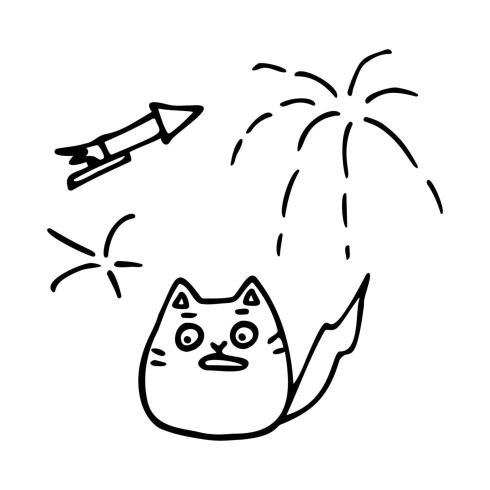 Doodle illustration of a cat frightened by fireworks. vector illustration