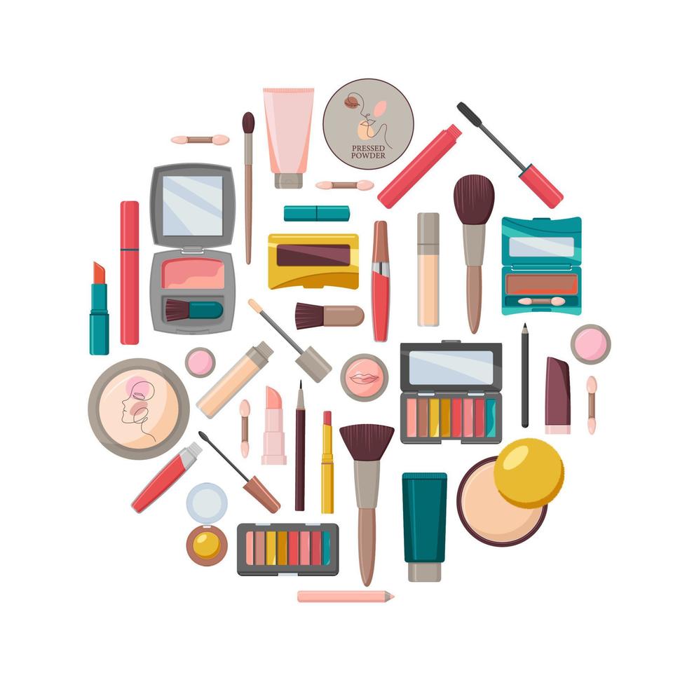 un conjunto de cosméticos decorativos en forma de círculo. ilustración vectorial vector