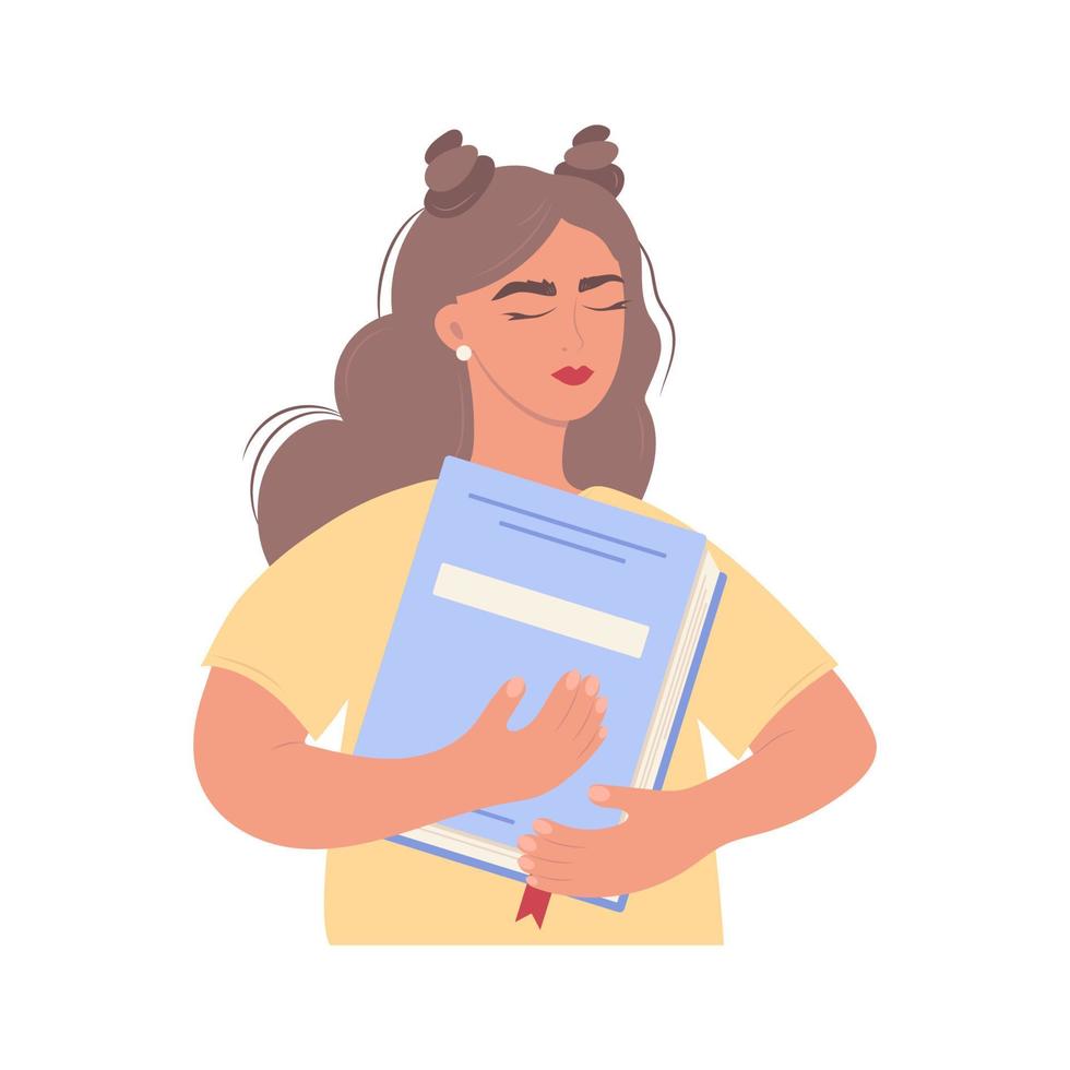 linda chica abraza un libro grande. ilustración vectorial vector