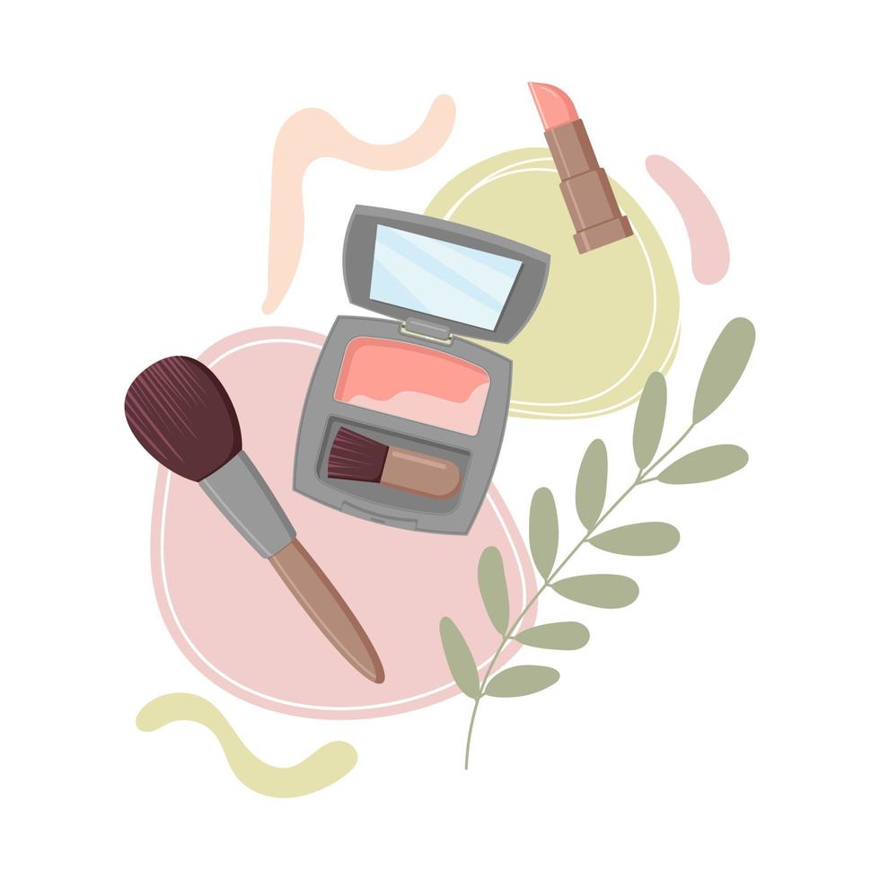 Set of decorative cosmetics brush blush and lipstick. vector illustration