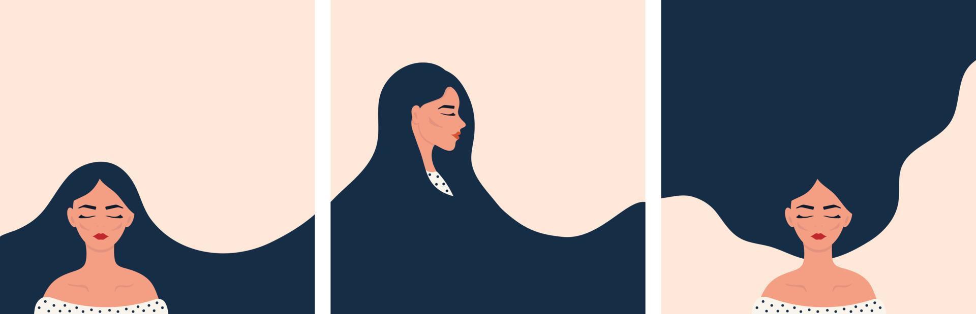 A set of posters with beautiful girls with long hair. vector illustration