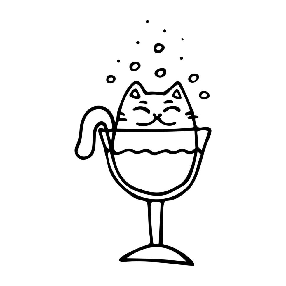 Doodle illustration of a satisfied cat bathed in a glass of champagne. vector illustration