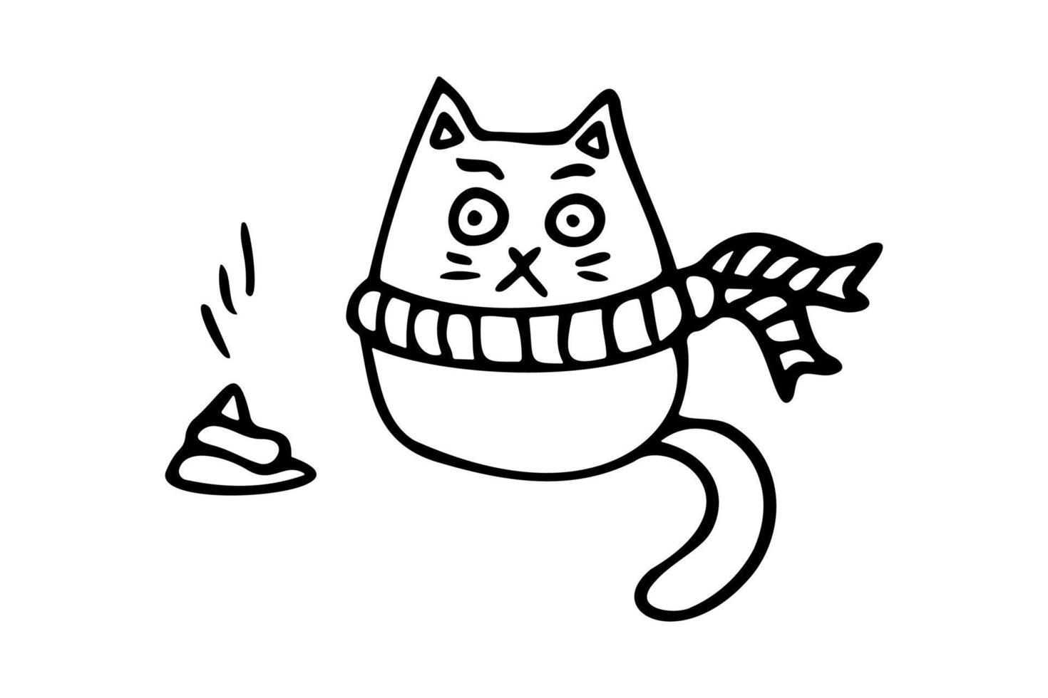 Doodle illustration of a cat in a scarf looks at the poop with surprise. vector illustration