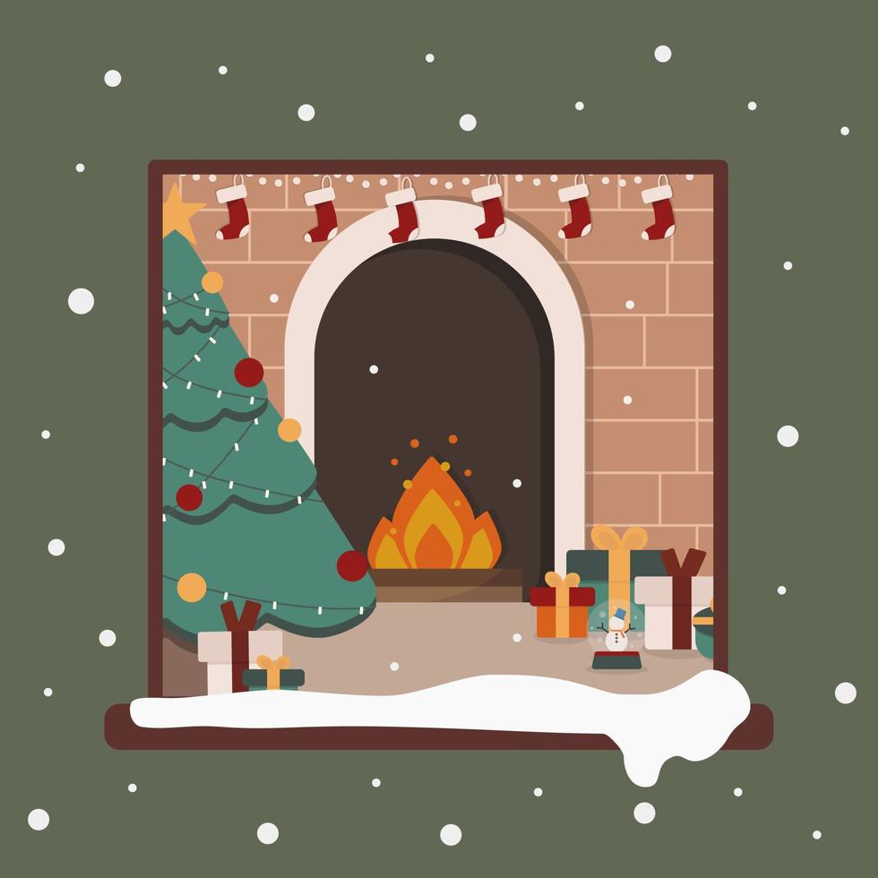Illustration of Christmas theme in house with fireplace and christmas tree. Vector of celebrate new year and christmas holiday.
