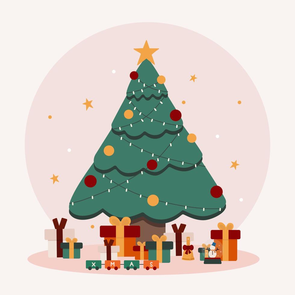 ilustración árbol de navidad con regalos en el fondo rosa claro y pequeña estrella. vector