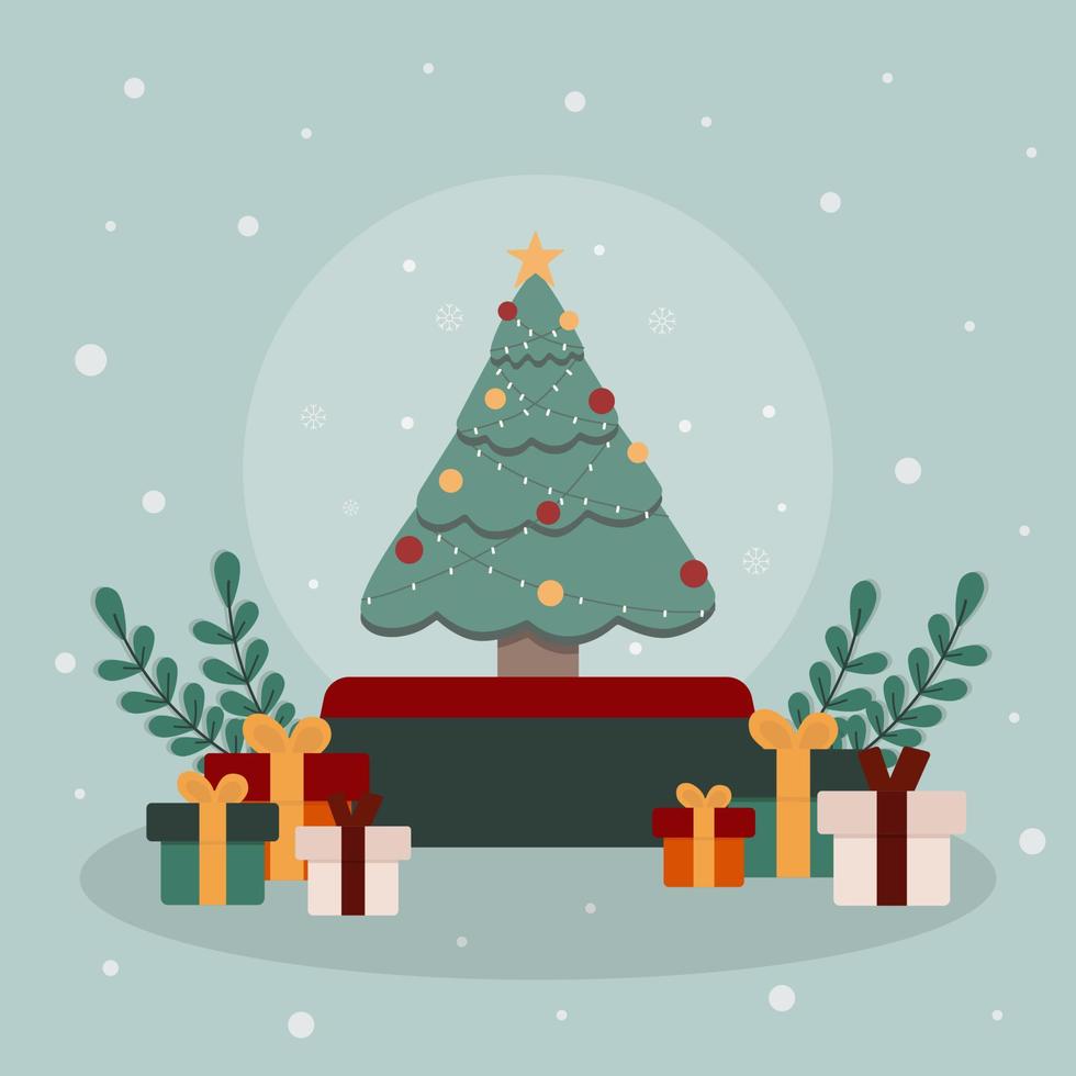 ilustración árbol de navidad en el globo de nieve y regalos. vector navidad estacional.