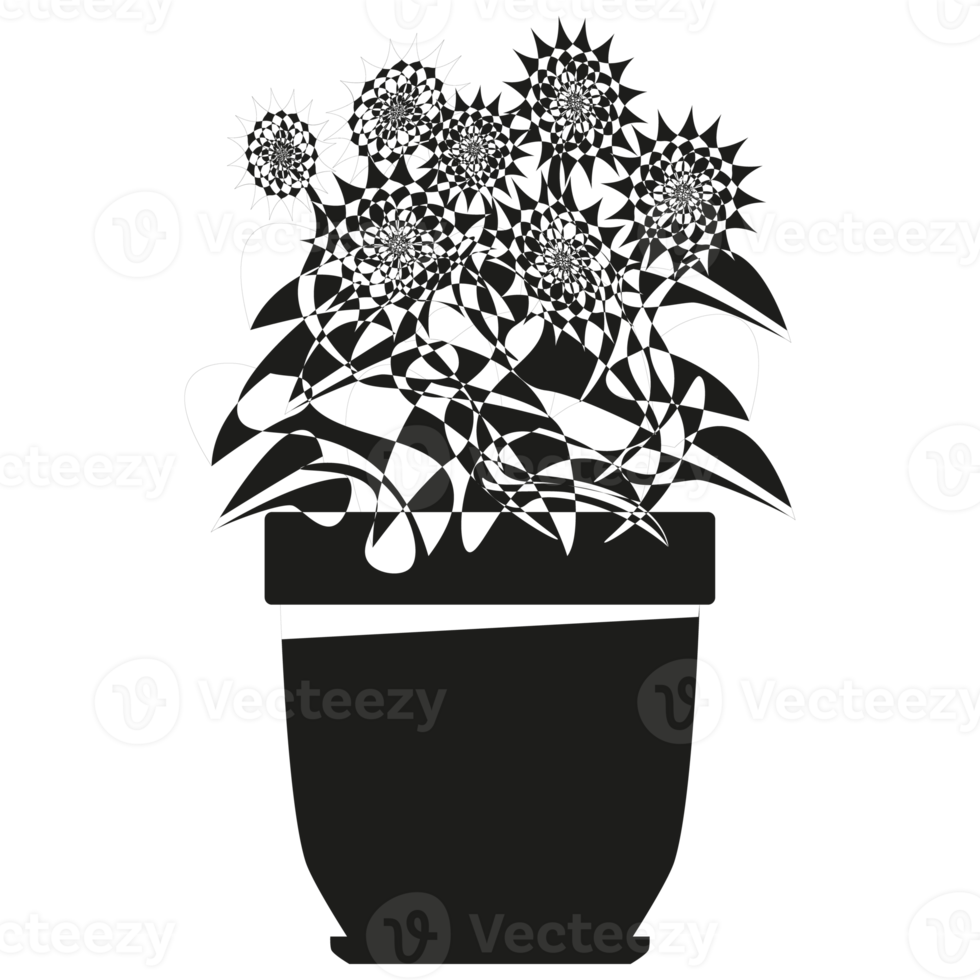 Flowers in pot in outline style. Flower bed for the window. PNG Illustration.