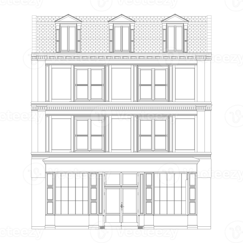 Oldfashioned brick building Coloring Book in realistic style. European facade house front view. PNG illustration.