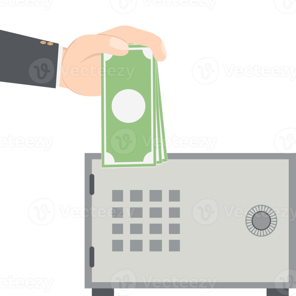 bussinesman hand holding money for saving in safe deposit box png