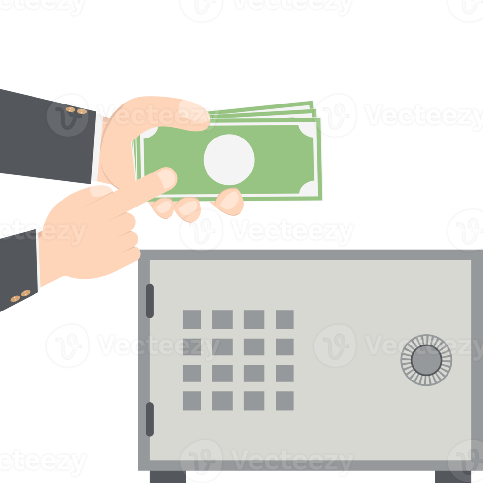 bussinesman hand holding money for saving in safe deposit box png