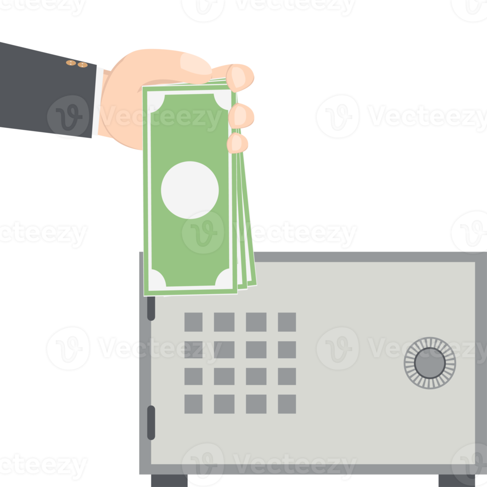 bussinesman hand holding money for saving in safe deposit box png
