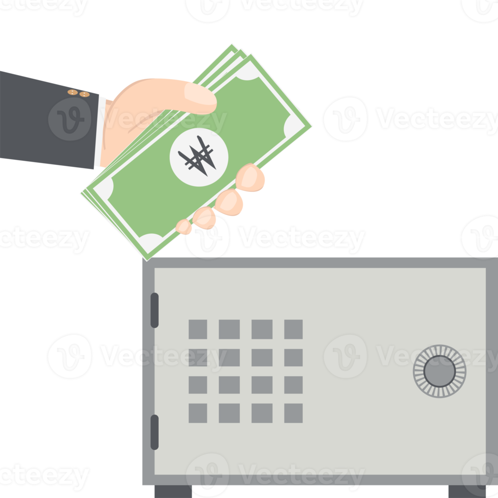 bussinesman hand holding money for saving in safe deposit box png