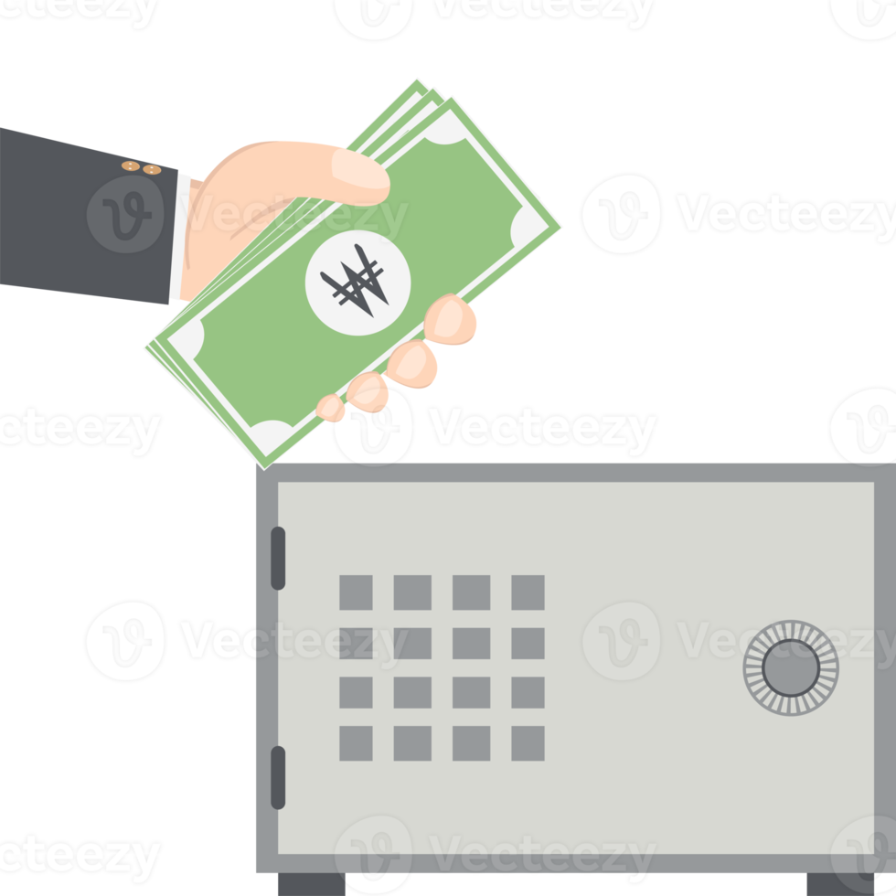 mano de hombre de negocios sosteniendo dinero para ahorrar en caja de seguridad png