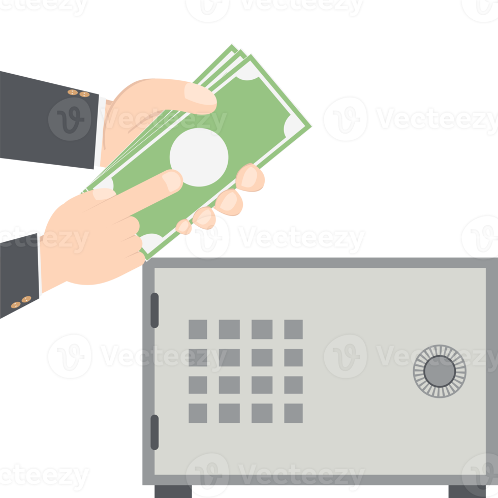 bussinesman hand holding money for saving in safe deposit box png