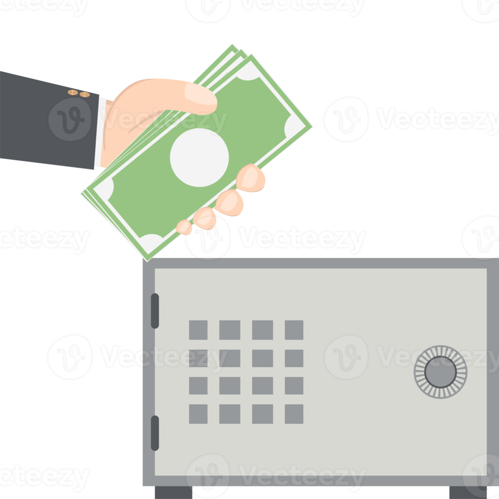 bussinesman hand holding money for saving in safe deposit box png