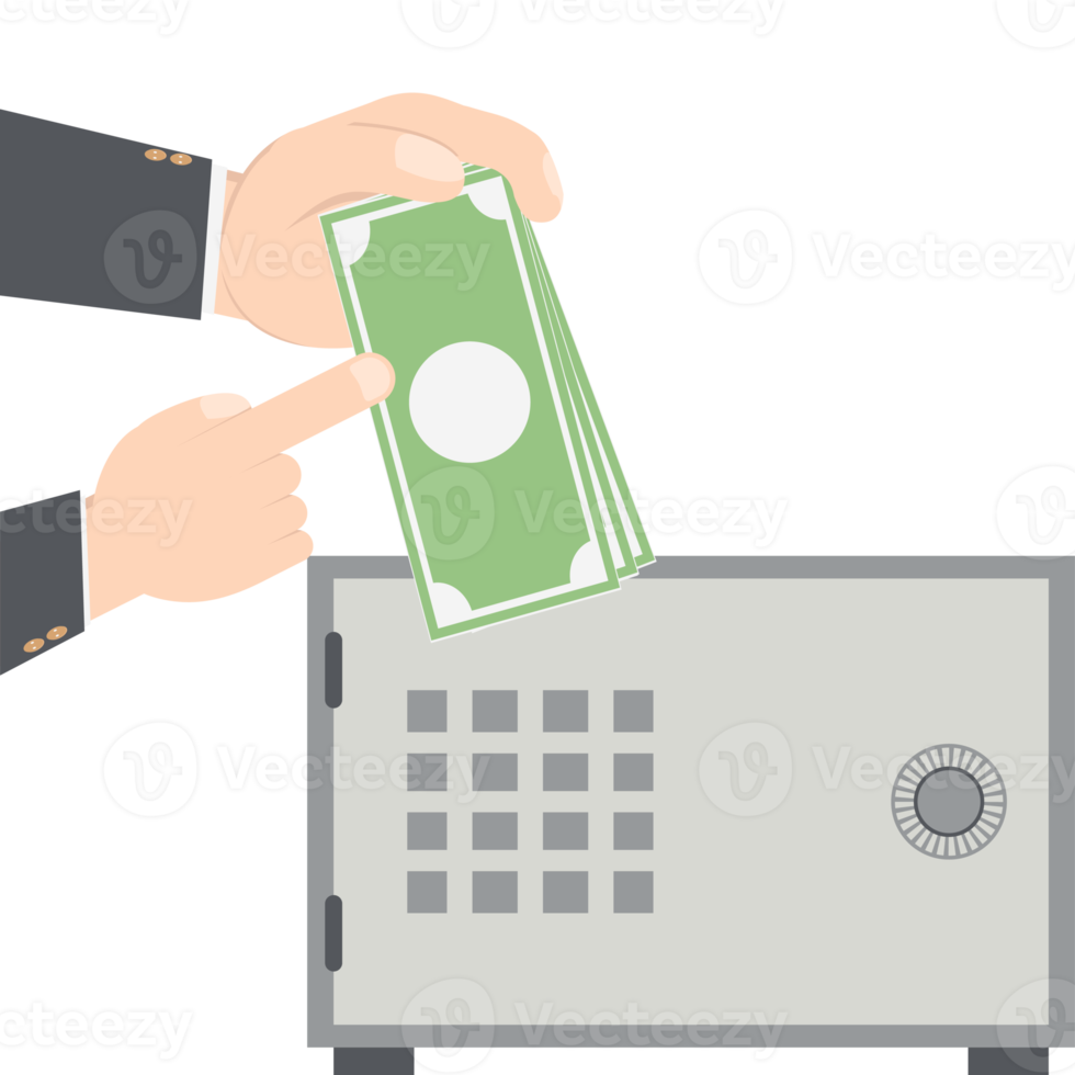 bussinesman hand holding money for saving in safe deposit box png